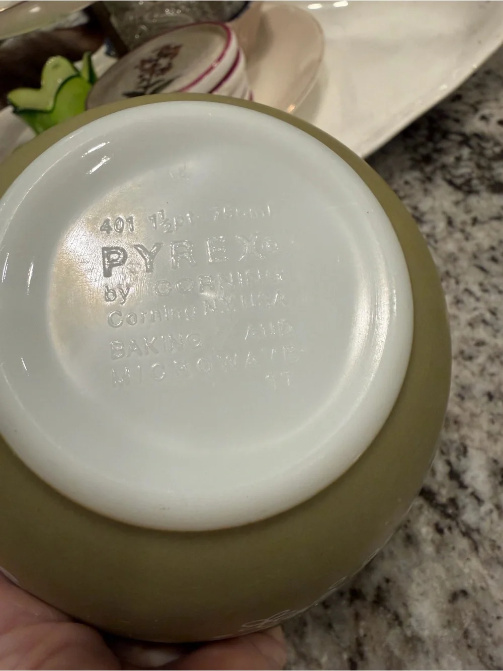 Vintage Pyrex Olive Green Floral Ceramic Bowl